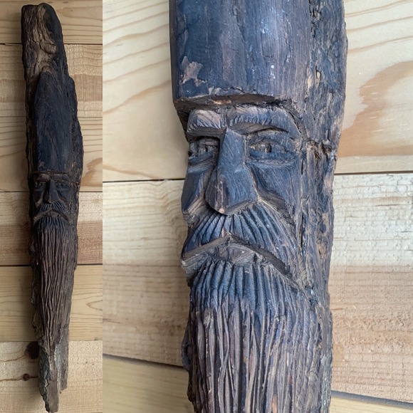Vintage Folk Art Tree Carving‎ Tree Beard Wizard Face Gnome Signed - Picture 1 of 12